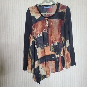 Simply Vera Vera Wang Abstract Print Asymmetrical Top Women's Size L Black Brown